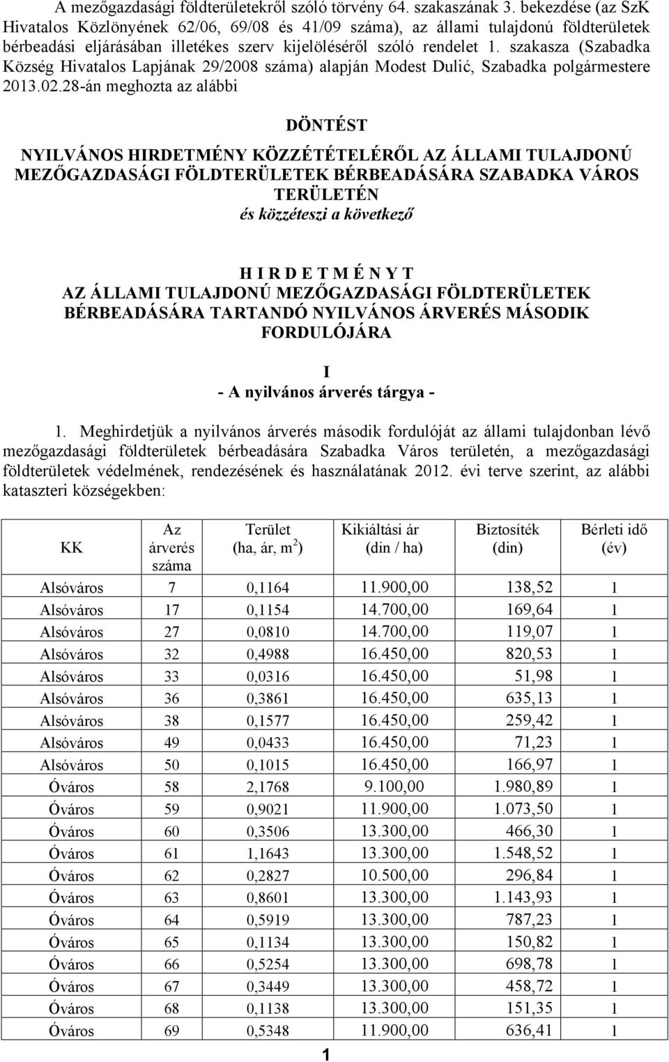 szakasza (Szabadka Község Hivatalos Lapjának 29/2008 száma) alapján Modest Dulić, Szabadka polgármestere 2013.02.