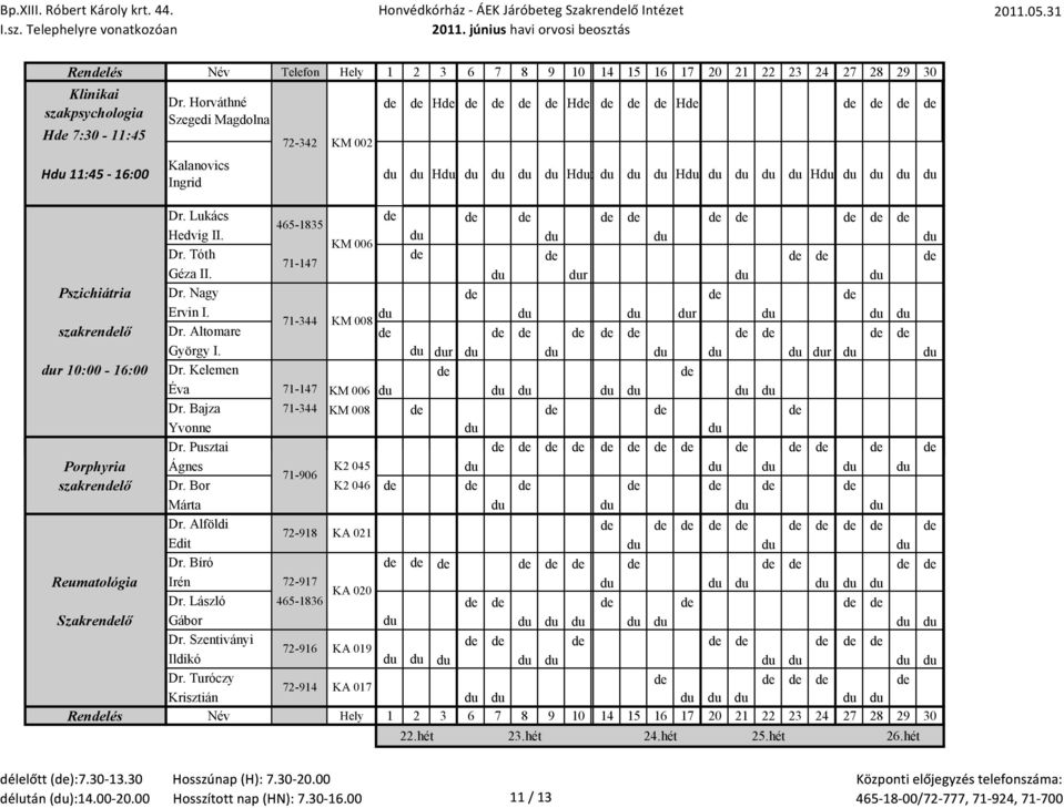 Altomare de de de de de de de de de de György I. r r r 10:00-16:00 Dr. Kelemen de de Éva 71-147 KM 006 Dr. Bajza 71-344 KM 008 de de de de Yvonne Dr.