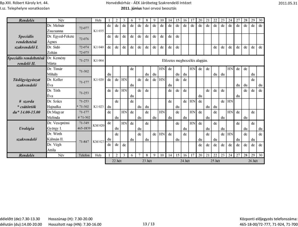 Kemény rendelő II. Márta 71-275 K1 004 Előzetes megbeszélés alapján. Dr. Timár de HN de HN de de HN de de 71-302 Mihály Tüdőgyógyászat Dr.