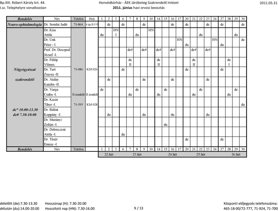 II.rendelő II.rendelő Dr. Kazár Tibor -I. 71-595 KM 028 de* 10.00-13.30 Dr. Bálint de# 7.30-10.00 Koppány -I. Dr. Murányi Zoltán -I. Dr. Debreczeni Attila -I. Dr. Tősér de de Emese -I.