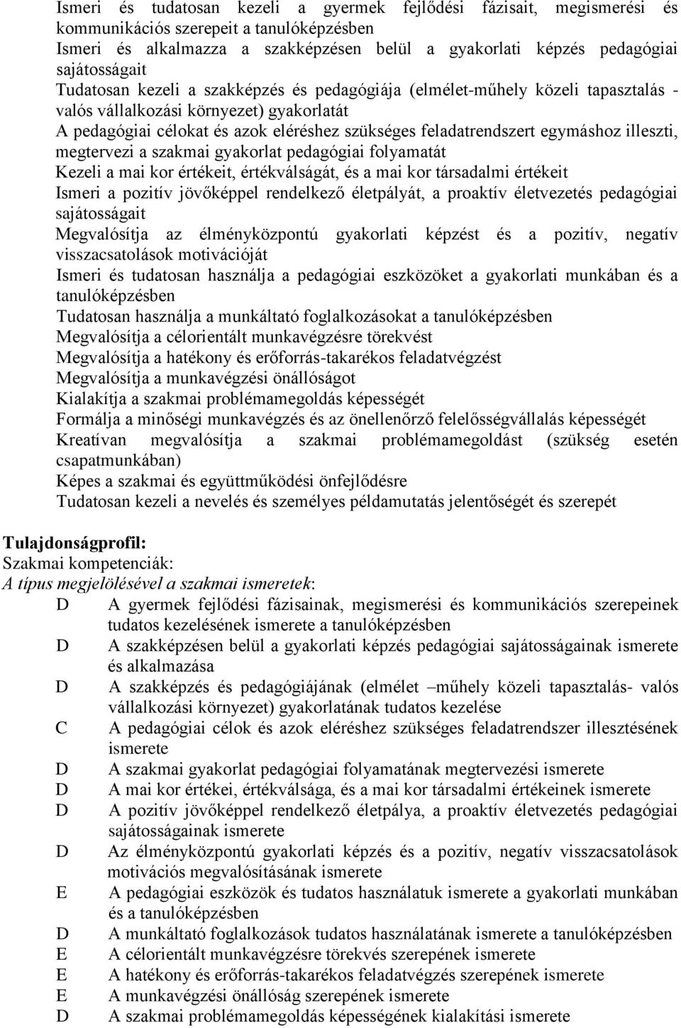 feladatrendszert egymáshoz illeszti, megtervezi a szakmai gyakorlat pedagógiai folyamatát Kezeli a mai kor értékeit, értékválságát, és a mai kor társadalmi értékeit Ismeri a pozitív jövőképpel