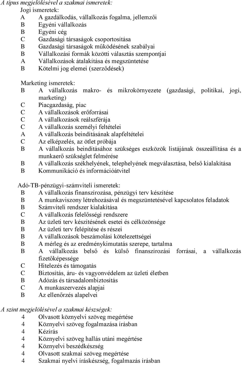 vállalkozás makro- és mikrokörnyezete (gazdasági, politikai, jogi, marketing) C Piacgazdaság, piac C A vállalkozások erőforrásai C A vállalkozások reálszférája C A vállalkozás személyi feltételei A A