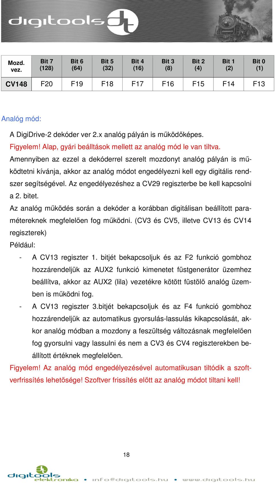 Az engedélyezéshez a CV29 regiszterbe be kell kapcsolni a 2. bitet. Az analóg működés során a dekóder a korábban digitálisan beállított paramétereknek megfelelően fog működni.