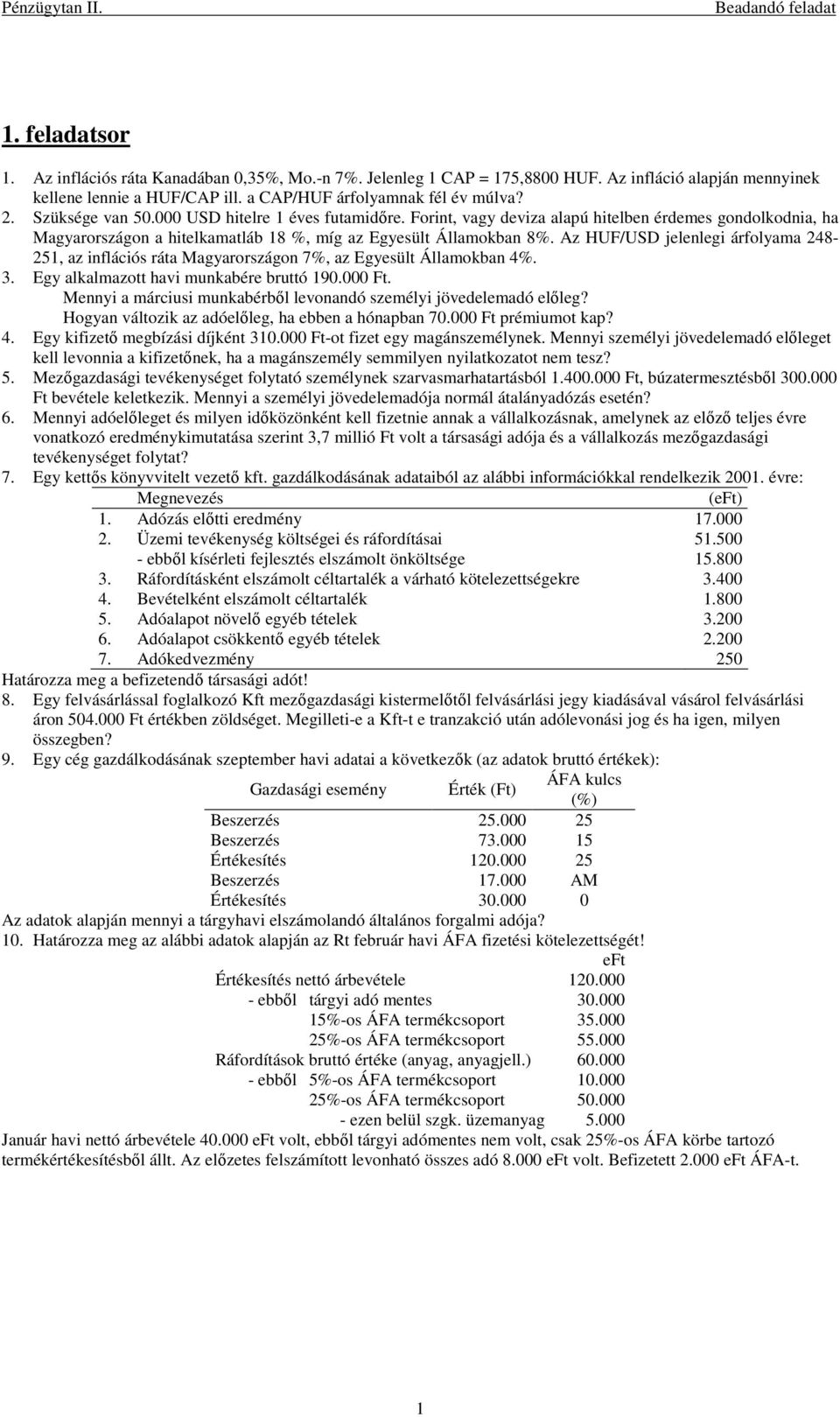 Az HUF/USD jelenlegi árfolyama 248-251, az inflációs ráta Magyarországon 7%, az Egyesült Államokban 4%. 3. Egy alkalmazott havi munkabére bruttó 190.000 Ft.