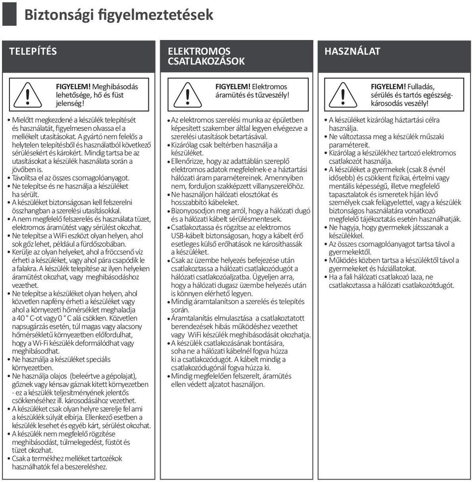 Távolítsa el az összes csomagolóanyagot. Ne telepítse és ne használja a készüléket ha sérült. A készüléket biztonságosan kell felszerelni összhangban a szerelési utasításokkal.