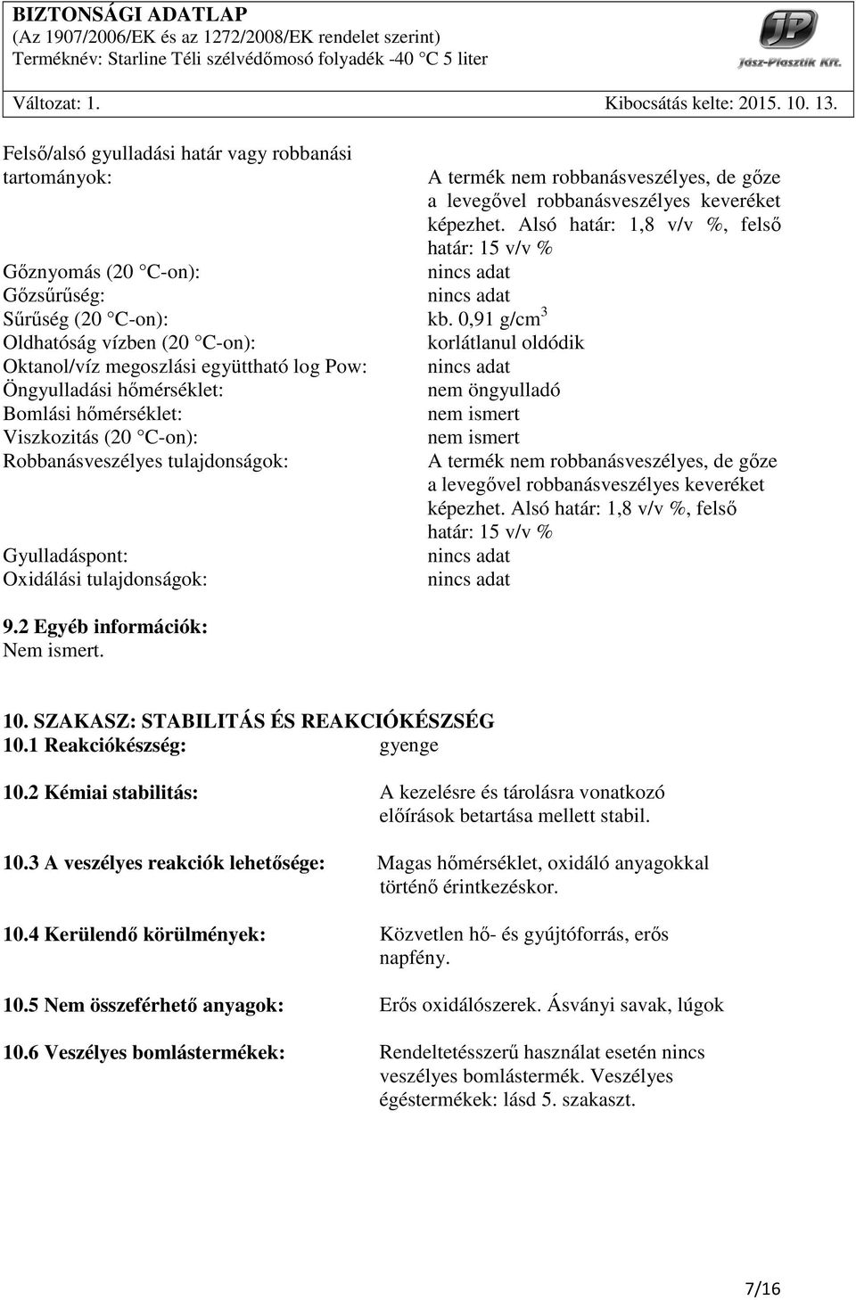 (20 C-on): nem ismert Robbanásveszélyes tulajdonságok: Gyulladáspont: Oxidálási tulajdonságok: 9.2 Egyéb információk: Nem ismert.