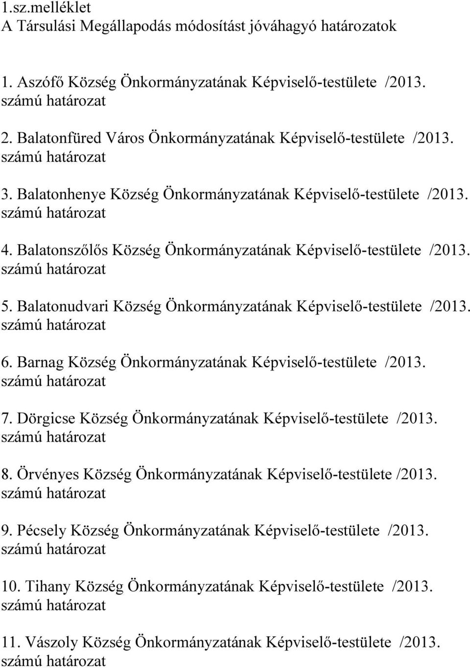 Balatonszőlős Község Önkormányzatának Képviselő-testülete /2013. 5. Balatonudvari Község Önkormányzatának Képviselő-testülete /2013. 6. Barnag Község Önkormányzatának Képviselő-testülete /2013.