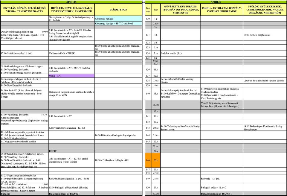 oldal ESEMÉNYNAPTÁR_LÉVAY_2015_2016 ÁPRILIS Közösségi hétvége 13