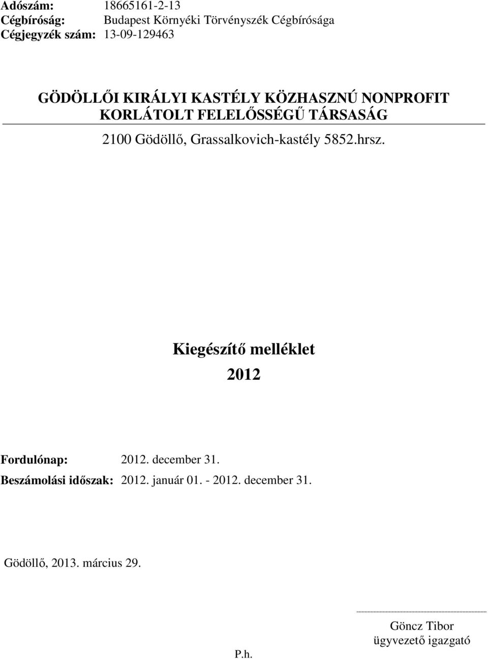 Gödöllı, Grassalkovich-kastély 5852.hrsz. 2012 Fordulónap: 2012. december 31.