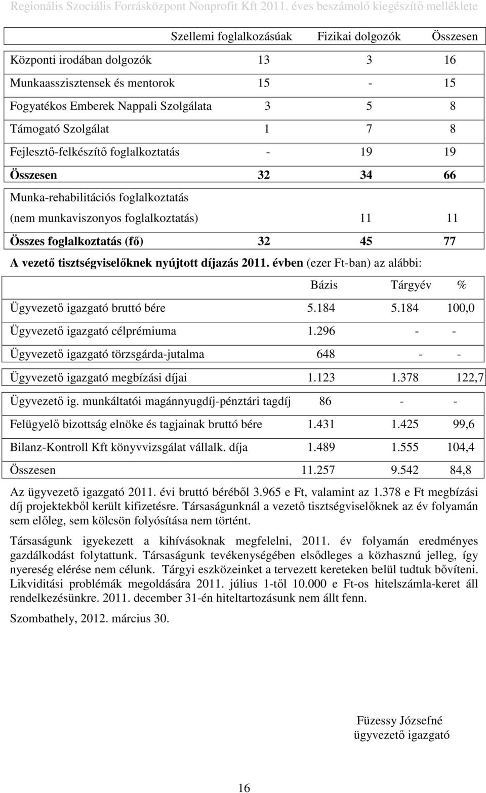 tisztségviselıknek nyújtott díjazás 2011. évben (ezer Ft-ban) az alábbi: Bázis Tárgyév % Ügyvezetı igazgató bruttó bére 5.184 5.184 100,0 Ügyvezetı igazgató célprémiuma 1.