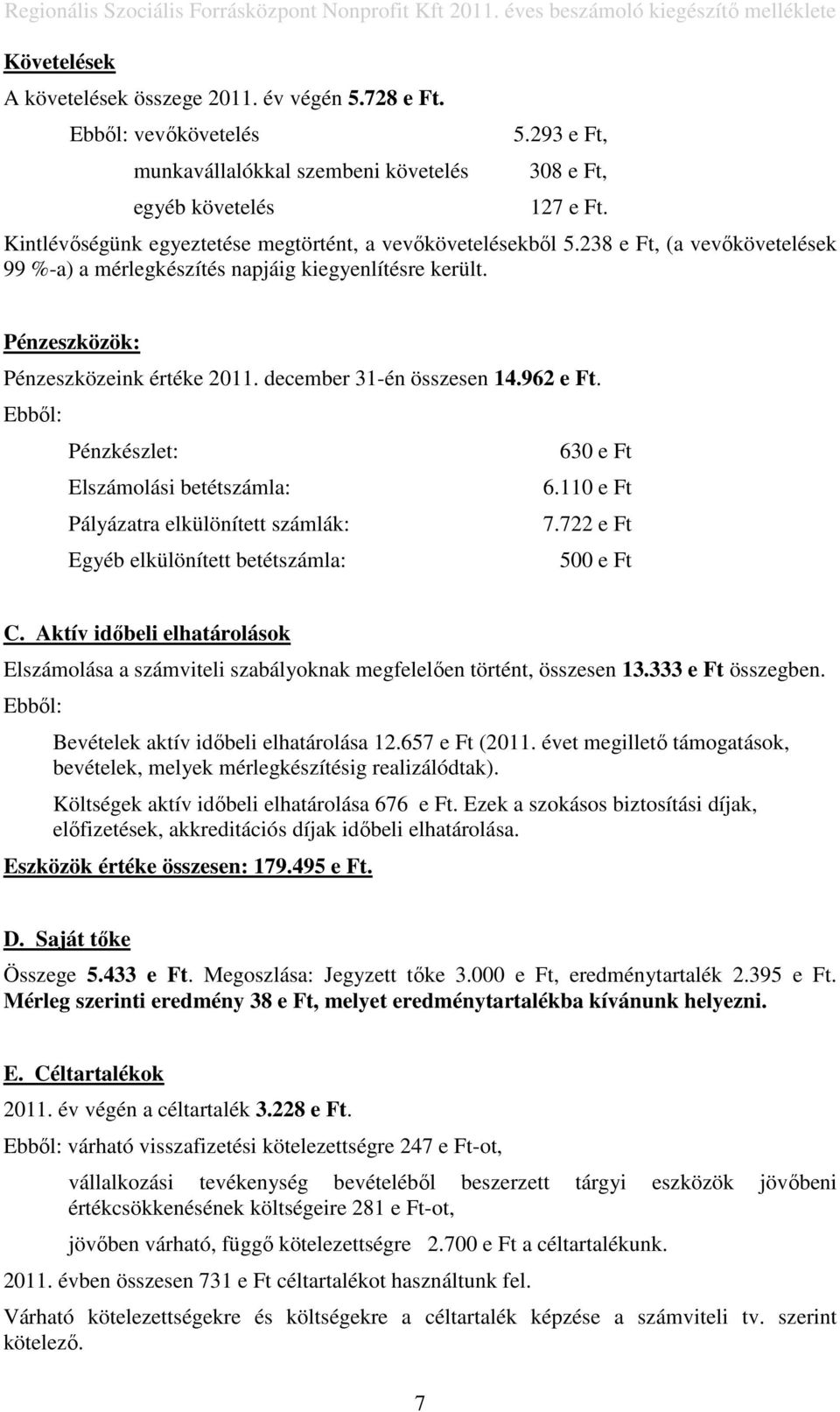 december 31-én összesen 14.962 e Ft. Ebbıl: Pénzkészlet: 630 e Ft Elszámolási betétszámla: 6.110 e Ft Pályázatra elkülönített számlák: 7.722 e Ft Egyéb elkülönített betétszámla: 500 e Ft C.