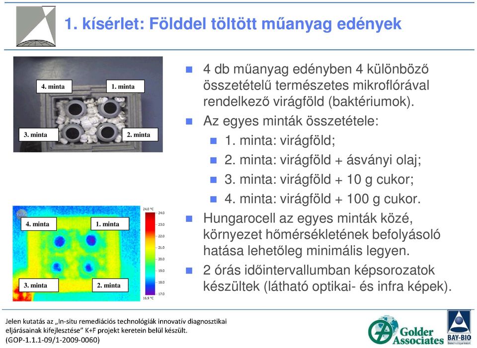 minta 4 db műanyag edényben 4 különböző összetételű természetes mikroflórával rendelkező virágföld (baktériumok).