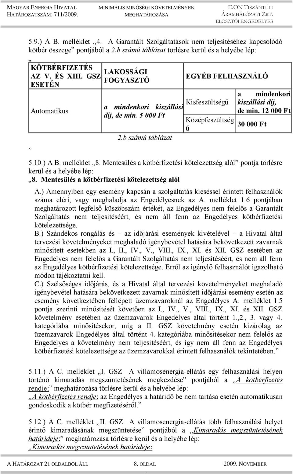 min 12 000 Ft 30 000 Ft 510) A B melléklet 8 Mentesülés a kötbérfizetési kötelezettség alól pontja törlésre kerül és a helyébe lép: 8 Mentesülés a kötbérfizetési kötelezettség alól A) Amennyiben egy