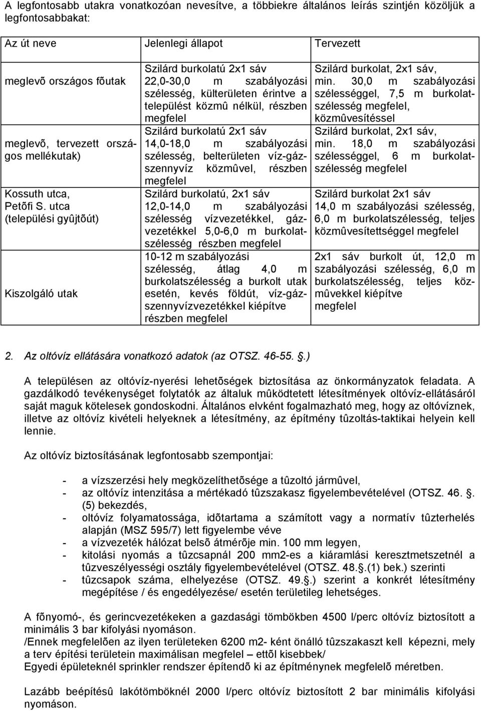 utca (települési gyûjtõút) Kiszolgáló utak Szilárd burkolatú 2x1 sáv 22,0-30,0 m szabályozási szélesség, külterületen érintve a települést közmû nélkül, részben Szilárd burkolatú 2x1 sáv 14,0-18,0 m