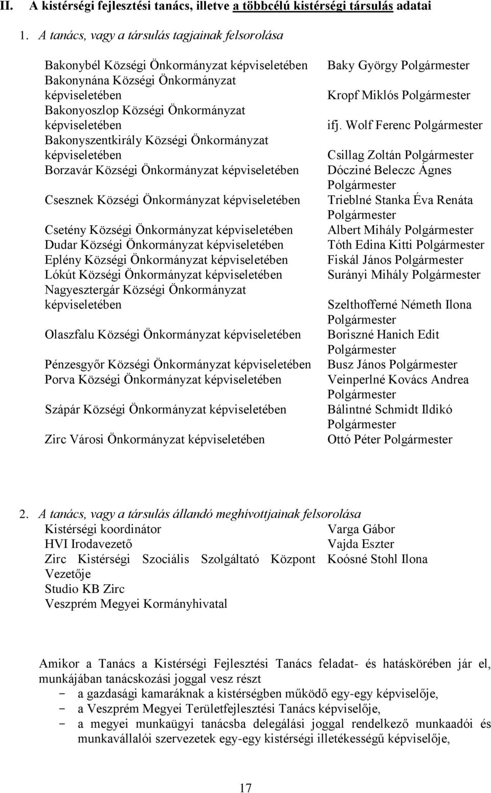 Bakonyszentkirály Községi Önkormányzat képviseletében Borzavár Községi Önkormányzat képviseletében Csesznek Községi Önkormányzat képviseletében Csetény Községi Önkormányzat képviseletében Dudar