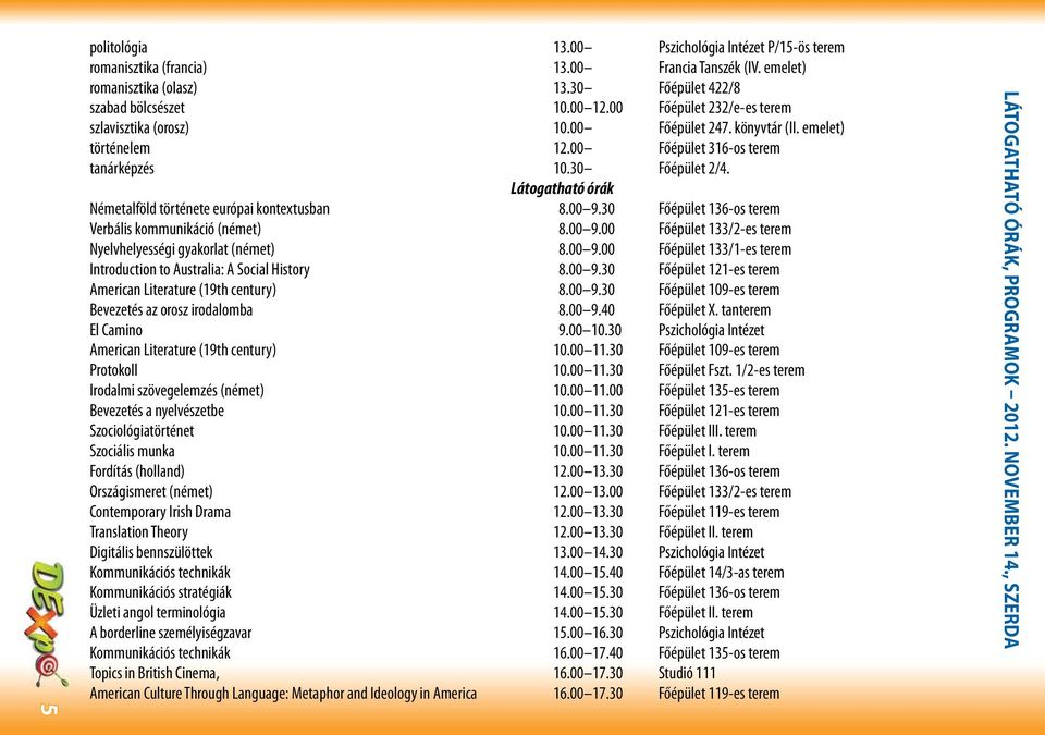 Látogatható órák Németalföld története európai kontextusban 8.00 9.30 Főépület 136-os terem Verbális kommunikáció (német) 8.00 9.00 Főépület 133/2-es terem Nyelvhelyességi gyakorlat (német) 8.00 9.00 Főépület 133/1-es terem Introduction to Australia: A Social History 8.