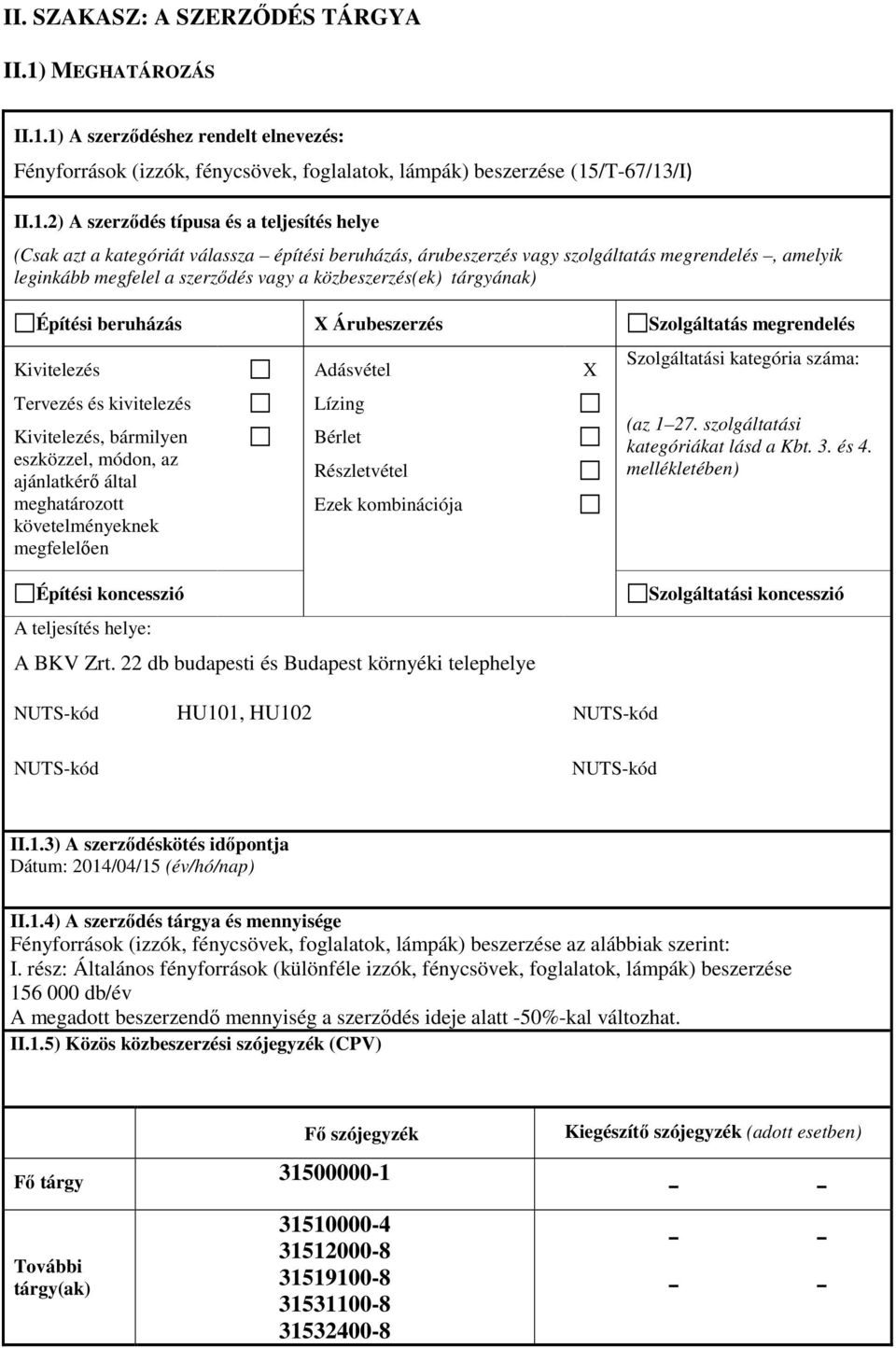 1) A szerződéshez rendelt elnevezés: Fényforrások (izzók, fénycsövek, foglalatok, lámpák) beszerzése (15/T-67/13/I) II.1.2) A szerződés típusa és a teljesítés helye (Csak azt a kategóriát válassza