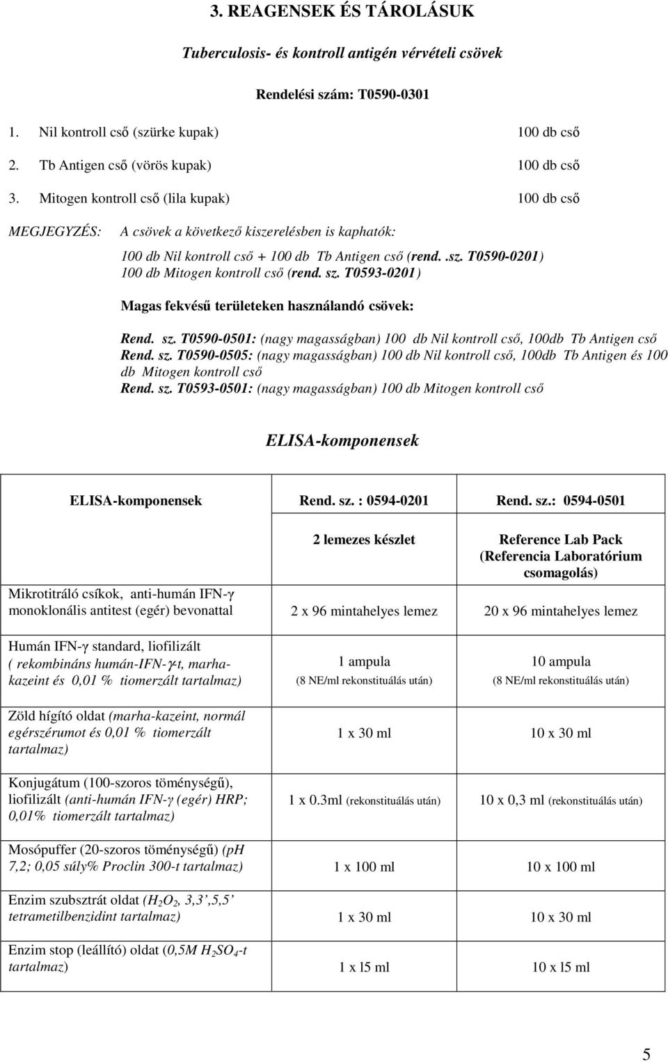 sz. T0593-0201) Magas fekvésű területeken használandó csövek: Rend. sz. T0590-0501: (nagy magasságban) 100 db Nil kontroll cső, 100db Tb Antigen cső Rend. sz. T0590-0505: (nagy magasságban) 100 db Nil kontroll cső, 100db Tb Antigen és 100 db Mitogen kontroll cső Rend.