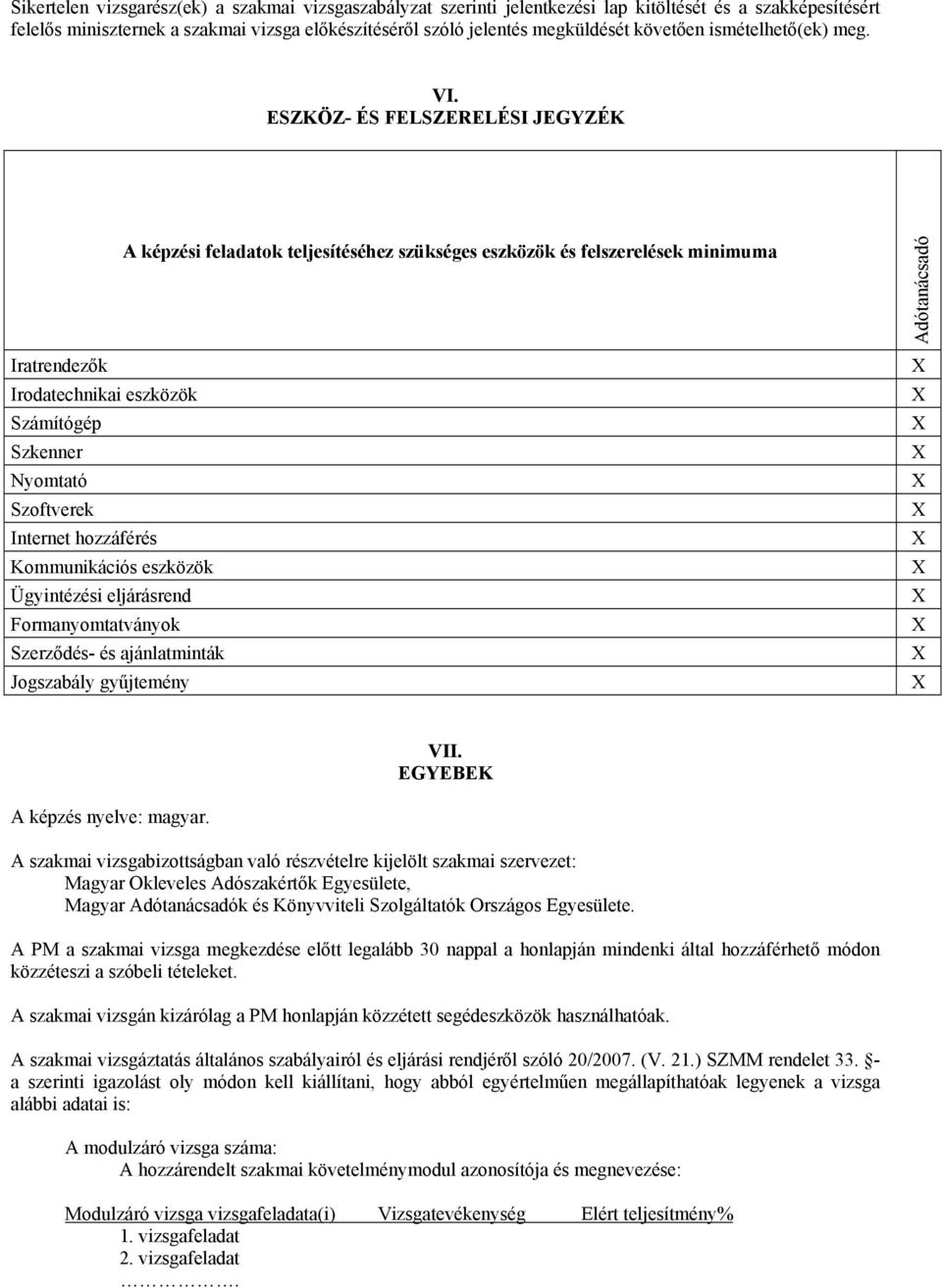 ESZKÖZ- ÉS FELSZERELÉSI JEGYZÉK képzési feladatok teljesítéséhez szükséges eszközök és felszerelések minimuma Iratrendezők Irodatechnikai eszközök Számítógép Szkenner Nyomtató Szoftverek Internet