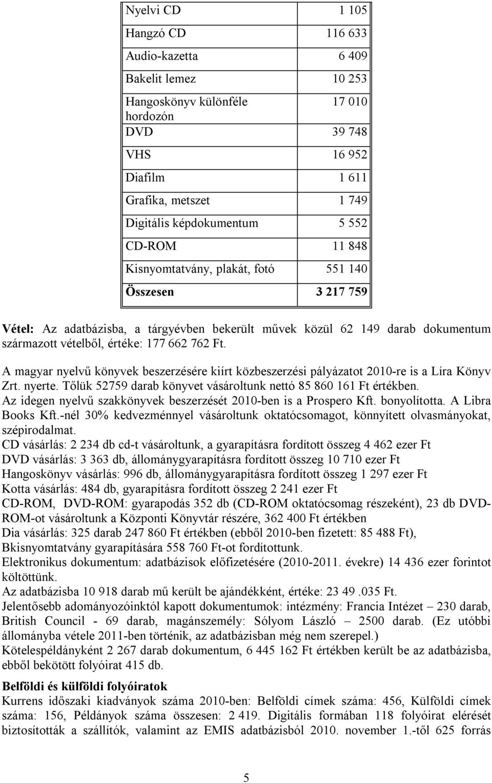 A magyar nyelvű könyvek beszerzésére kiírt közbeszerzési pályázatot 2010-re is a Líra Könyv Zrt. nyerte. Tőlük 52759 darab könyvet vásároltunk nettó 85 860 161 Ft értékben.