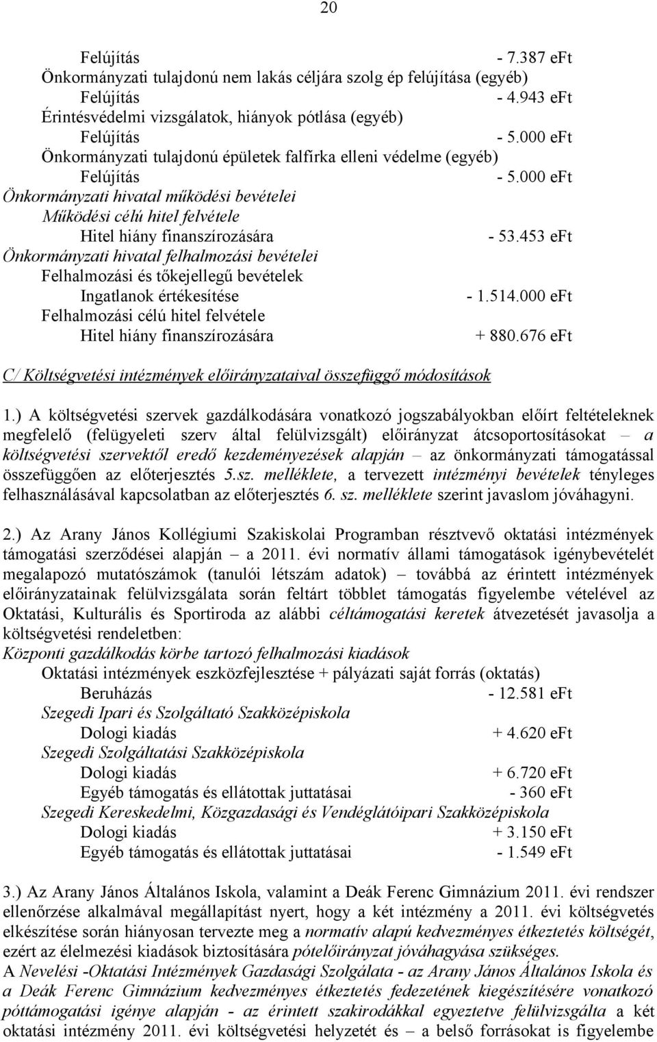 453 eft Önkormányzati hivatal felhalmozási bevételei Felhalmozási és tőkejellegű bevételek Ingatlanok értékesítése - 1.514.000 eft Felhalmozási célú hitel felvétele Hitel hiány finanszírozására + 880.