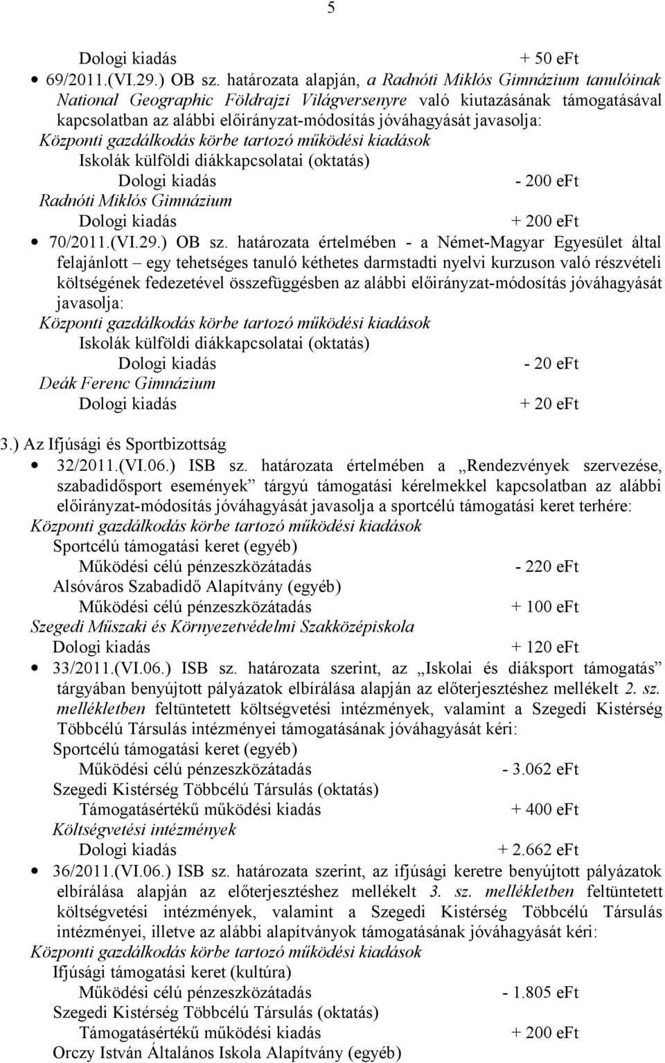 javasolja: Iskolák külföldi diákkapcsolatai (oktatás) - 200 eft Radnóti Miklós Gimnázium + 200 eft 70/2011.(VI.29.) OB sz.