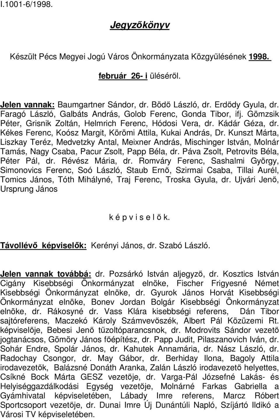 Kékes Ferenc, Koósz Margit, Körömi Attila, Kukai András, Dr. Kunszt Márta, Liszkay Teréz, Medvetzky Antal, Meixner András, Mischinger István, Molnár Tamás, Nagy Csaba, Pacur Zsolt, Papp Béla, dr.