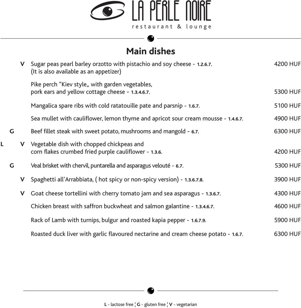 Mangalica spare ribs with cold ratatouille pate and parsnip - 1.6.7. Sea mullet with cauliflower, lemon thyme and apricot sour cream mousse - 1.4.6.7. 5300 HUF 5100 HUF 4900 HUF G Beef fillet steak with sweet potato, mushrooms and mangold - 6.