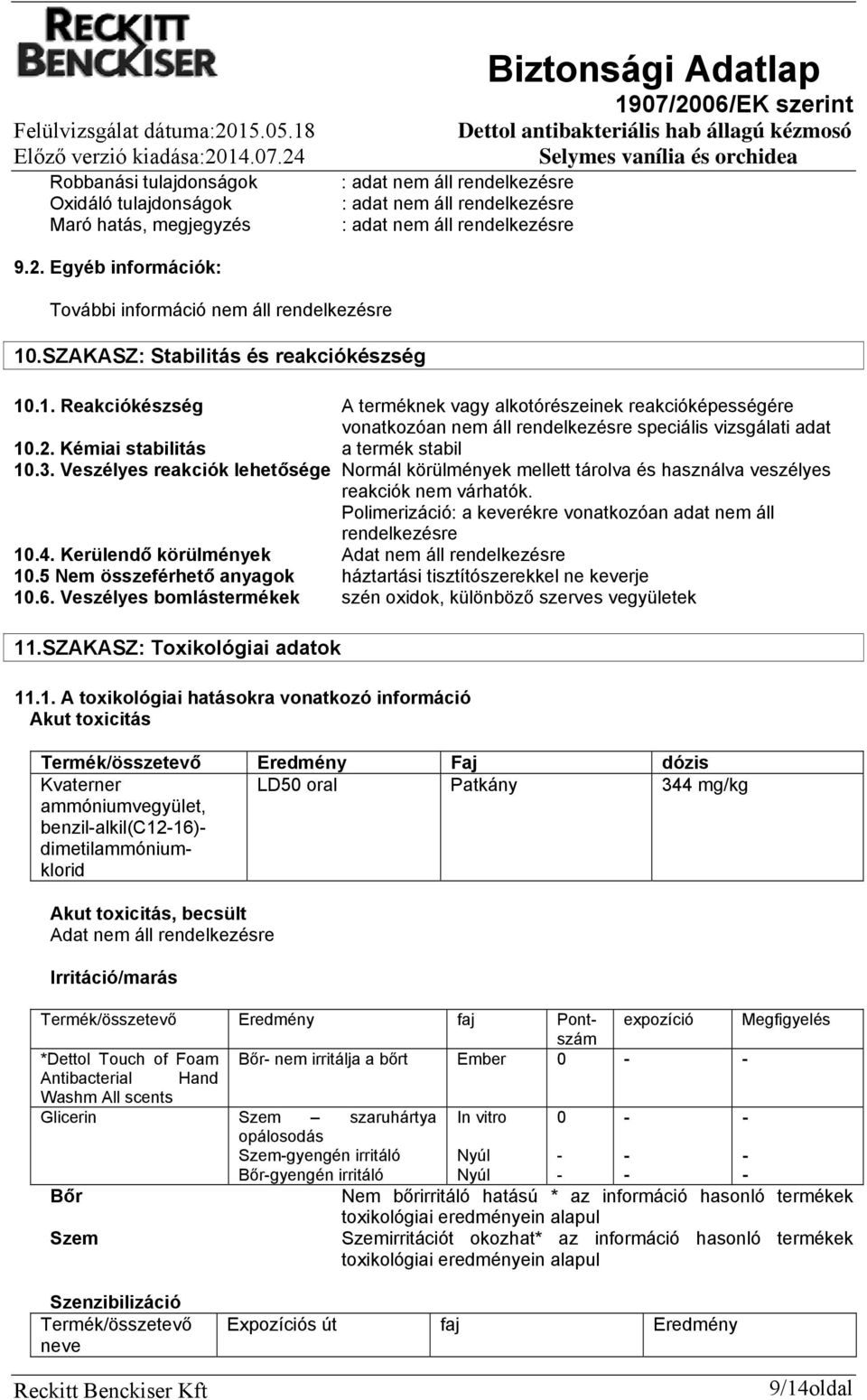 Kémiai stabilitás a termék stabil 10.3. Veszélyes reakciók lehetősége Normál körülmények mellett tárolva és használva veszélyes reakciók nem várhatók.