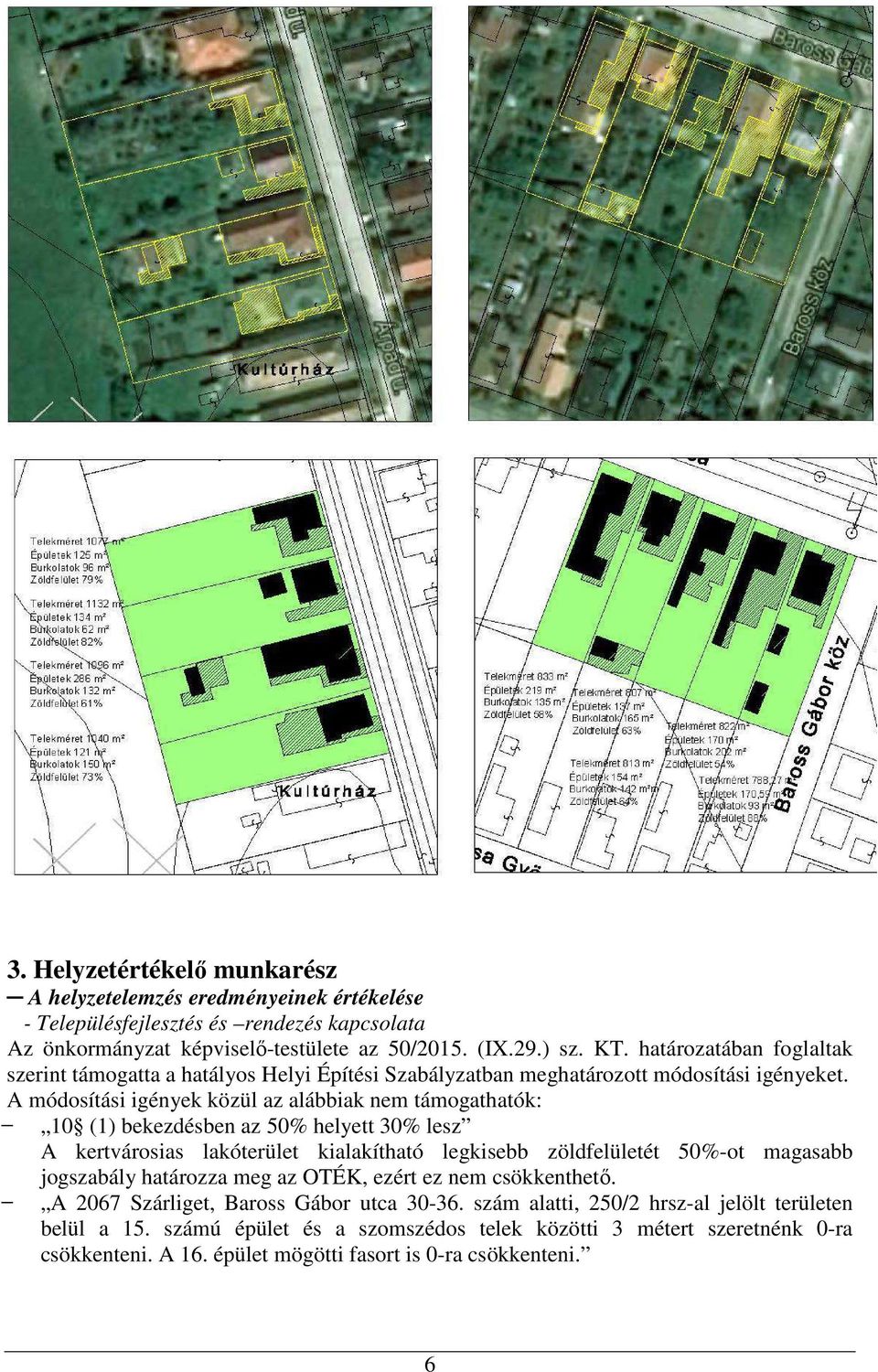 A módosítási igények közül az alábbiak nem támogathatók: 10 (1) bekezdésben az 50% helyett 30% lesz A kertvárosias lakóterület kialakítható legkisebb zöldfelületét 50%-ot magasabb jogszabály