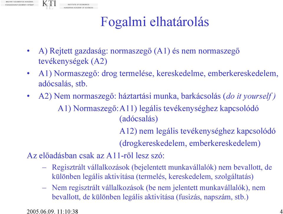 nem legális tevékenységhez kapcsolódó (drogkereskedelem, emberkereskedelem) Regisztrált vállalkozások (bejelentett munkavállalók) nem bevallott, de különben legális aktivitása