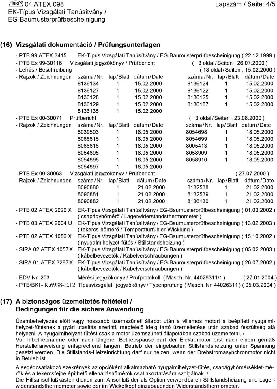 02.2000 8136187 1 15.02.2000 8136135 1 15.02.2000 - PTB Ex 00-30071 Prüfbericht ( 3 oldal / Seiten, 23.08.2000 ) 8039503 1 18.05.2000 8054698 1 18.05.2000 8066615 1 18.05.2000 8054699 1 18.05.2000 8066616 1 18.