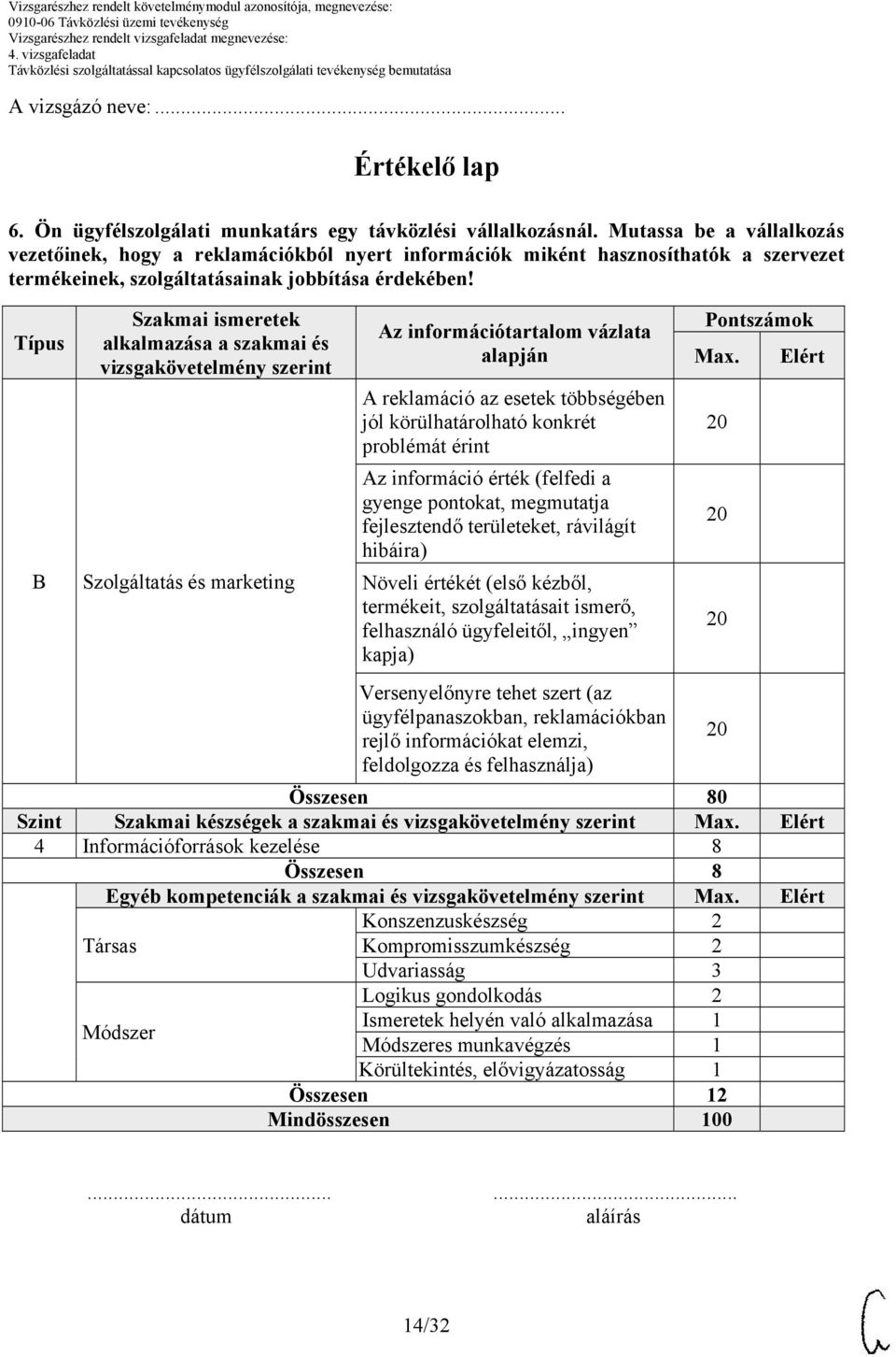 Típus B Szakmai ismeretek alkalmazása a szakmai és vizsgakövetelmény szerint Szolgáltatás és marketing Az információtartalom vázlata alapján A reklamáció az esetek többségében jól körülhatárolható