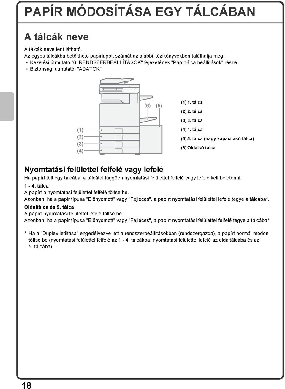 tálca (nagy kapacitású tálca) (6) Oldalsó tálca Nyomtatási felülettel felfelé vagy lefelé Ha papírt tölt egy tálcába, a tálcától függően nyomtatási felülettel felfelé vagy lefelé kell beletenni. 1-4.