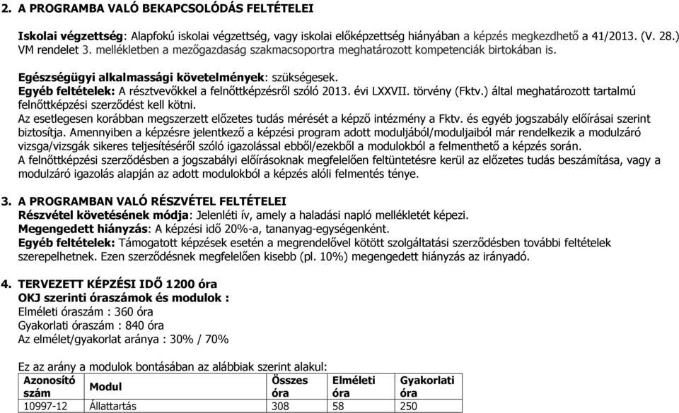 Egyéb feltételek: A résztvevőkkel a felnőttképzésről szóló 2013. évi LXXVII. törvény (Fktv.) által meghatározott tartalmú felnőttképzési szerződést kell kötni.