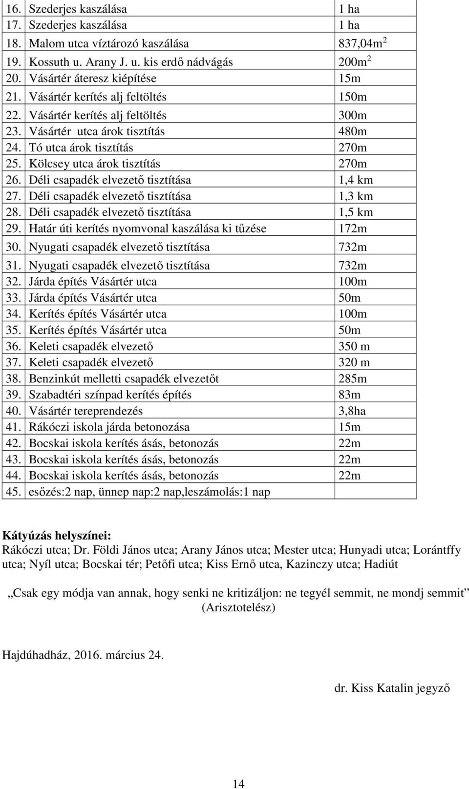 Déli csapadék elvezető tisztítása 1,4 km 27. Déli csapadék elvezető tisztítása 1,3 km 28. Déli csapadék elvezető tisztítása 1,5 km 29. Határ úti kerítés nyomvonal kaszálása ki tűzése 172m 30.