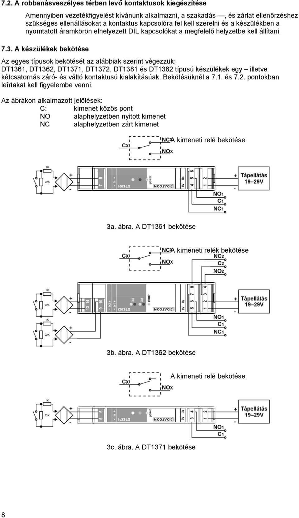 DT1361, DT1362, DT1371, DT1372, DT1381 és DT1382 típusú készülékek egy illetve kétcsatornás záró- és váltó kontaktusú kialakításúak Bekötésüknél a 71 és 72 pontokban leírtakat kell figyelembe venni