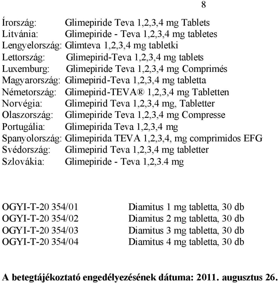 Glimepiride Teva 1,2,3,4 mg Compresse Portugália: Glimepirida Teva 1,2,3,4 mg Spanyolország: Glimepirida TEVA 1,2,3,4, mg comprimidos EFG Svédország: Glimepirid Teva 1,2,3,4 mg tabletter Szlovákia: