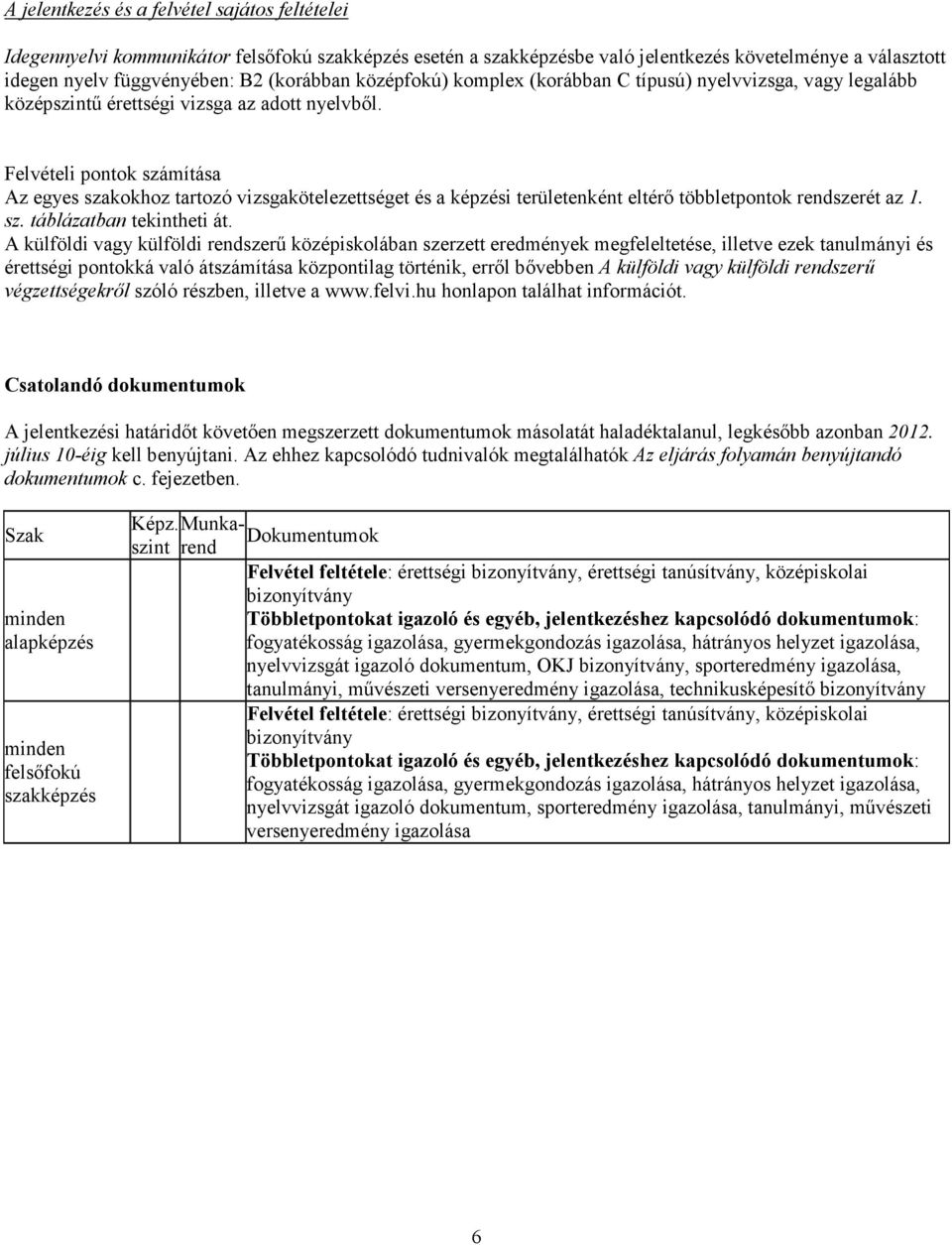 Felvételi pontok számítása Az egyes szakokhoz tartozó vizsgakötelezettséget és a képzési területenként eltérő többletpontok rendszerét az 1. sz. táblázatban tekintheti át.