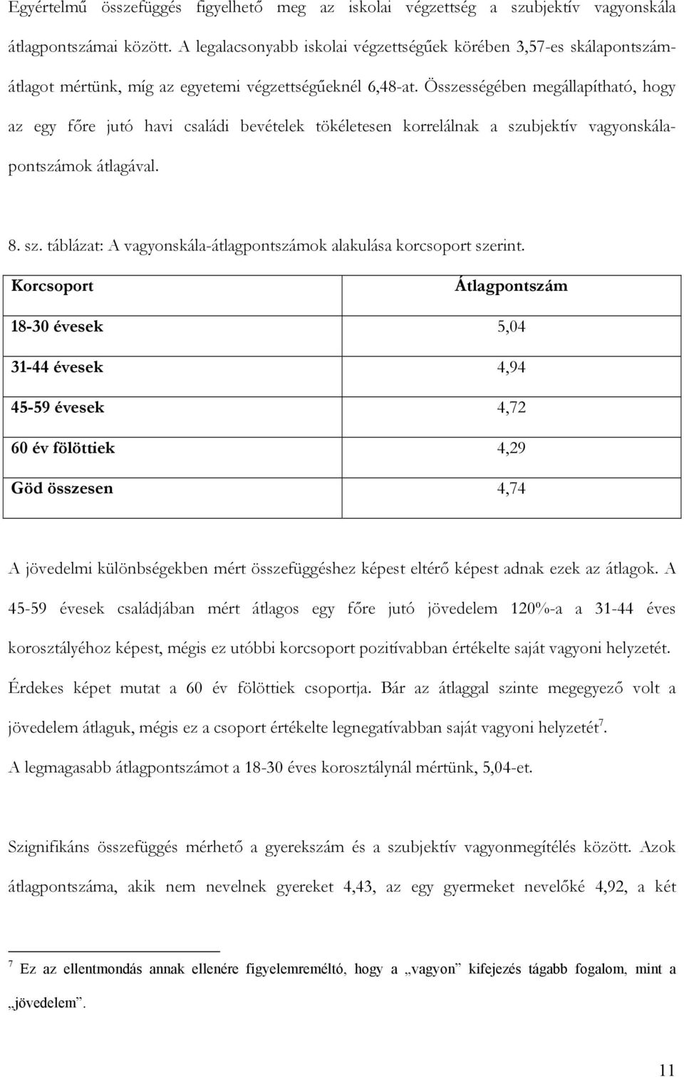 Összességében megállapítható, hogy az egy főre jutó havi családi bevételek tökéletesen korrelálnak a szubjektív vagyonskálapontszámok átlagával. 8. sz. táblázat: A vagyonskála-átlagpontszámok alakulása korcsoport szerint.