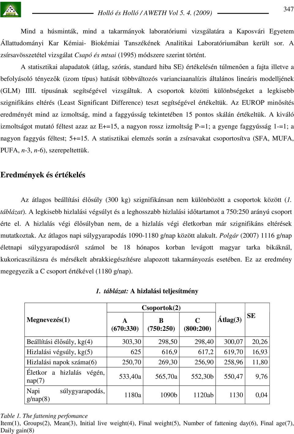 A statisztikai alapadatok (átlag, szórás, standard hiba SE) értékelésén túlmenıen a fajta illetve a befolyásoló tényezık (izom típus) hatását többváltozós varianciaanalízis általános lineáris