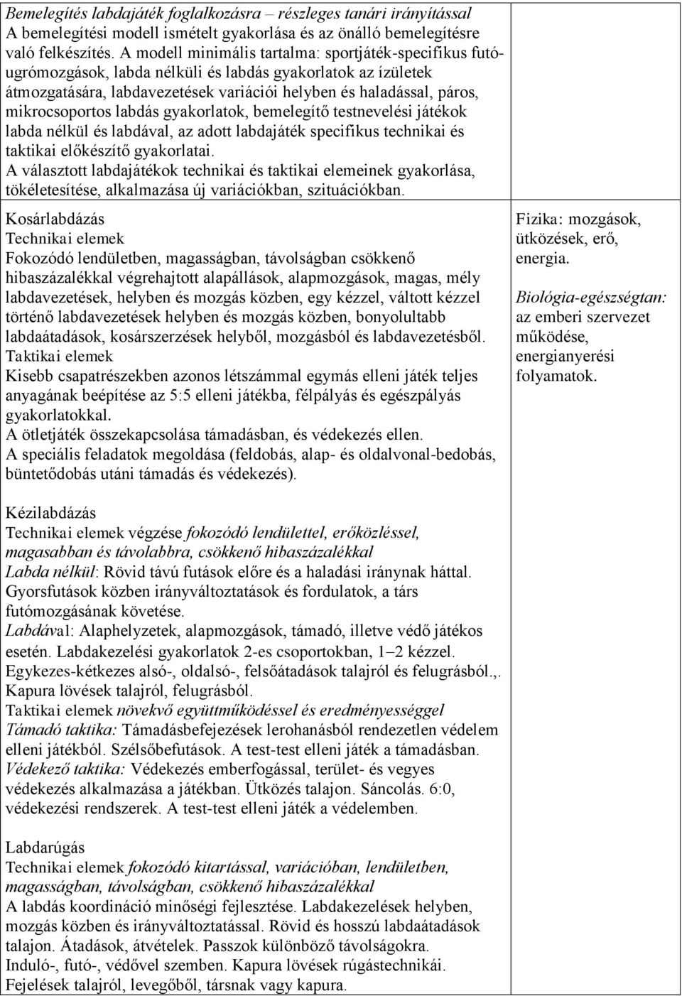 mikrocsoportos labdás gyakorlatok, bemelegítő testnevelési játékok labda nélkül és labdával, az adott labdajáték specifikus technikai és taktikai előkészítő gyakorlatai.