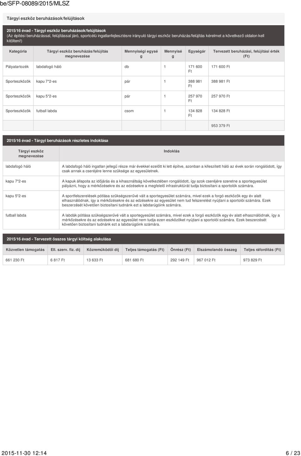 ) Kategória Tárgyi eszköz beruházás/felújítás megnevezése Mennyiségi egysé g Mennyisé g Egységár Tervezett beruházási, felújítási érték (Ft) Pályatartozék labdafogó háló db 1 171 600 Ft Sporteszközök