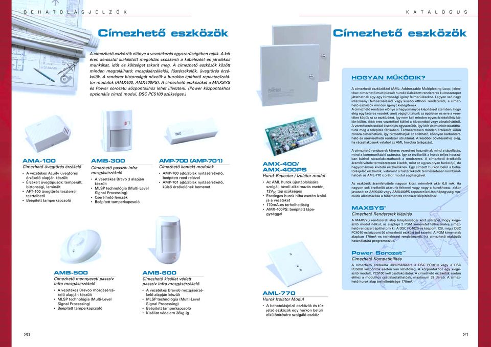 A rendszer bizonságá növelik a hurokba épíheô repeaer/izoláor modulok (AMX400, AMX400PS). A címezheô eszközöke a MAXSYS és Power sorozaú közponokhoz lehe illeszeni.