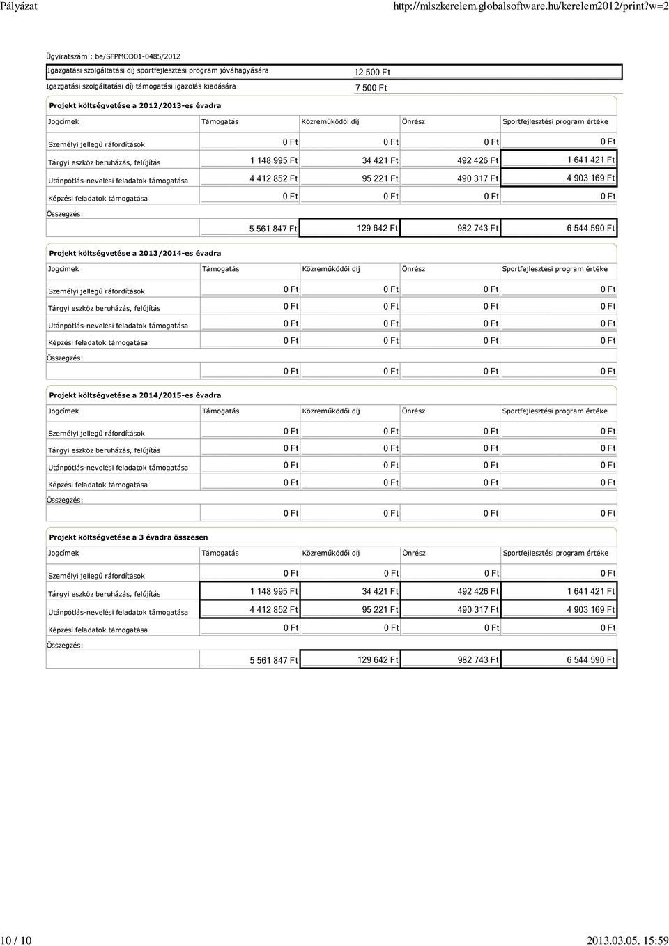 Jogcímek Támogatás Közreműködői díj Önrész Sportfejlesztési program értéke Személyi jellegű ráfordítások Tárgyi eszköz beruházás, felújítás Utánpótlás-nevelési feladatok támogatása Képzési feladatok