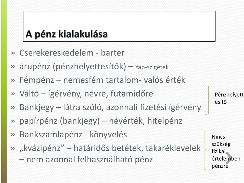 papírpénz (bankjegy) névérték, hitelpénz» Bankszámlapénz - könyvelés» kvázipénz határidős betétek,