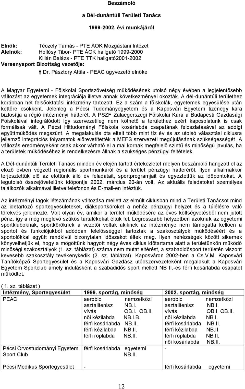 Pásztory Attila - PEAC ügyvezető elnöke A Magyar Egyetemi - Főiskolai Sportszövetség működésének utolsó négy évében a legjelentősebb változást az egyetemek integrációja illetve annak következményei