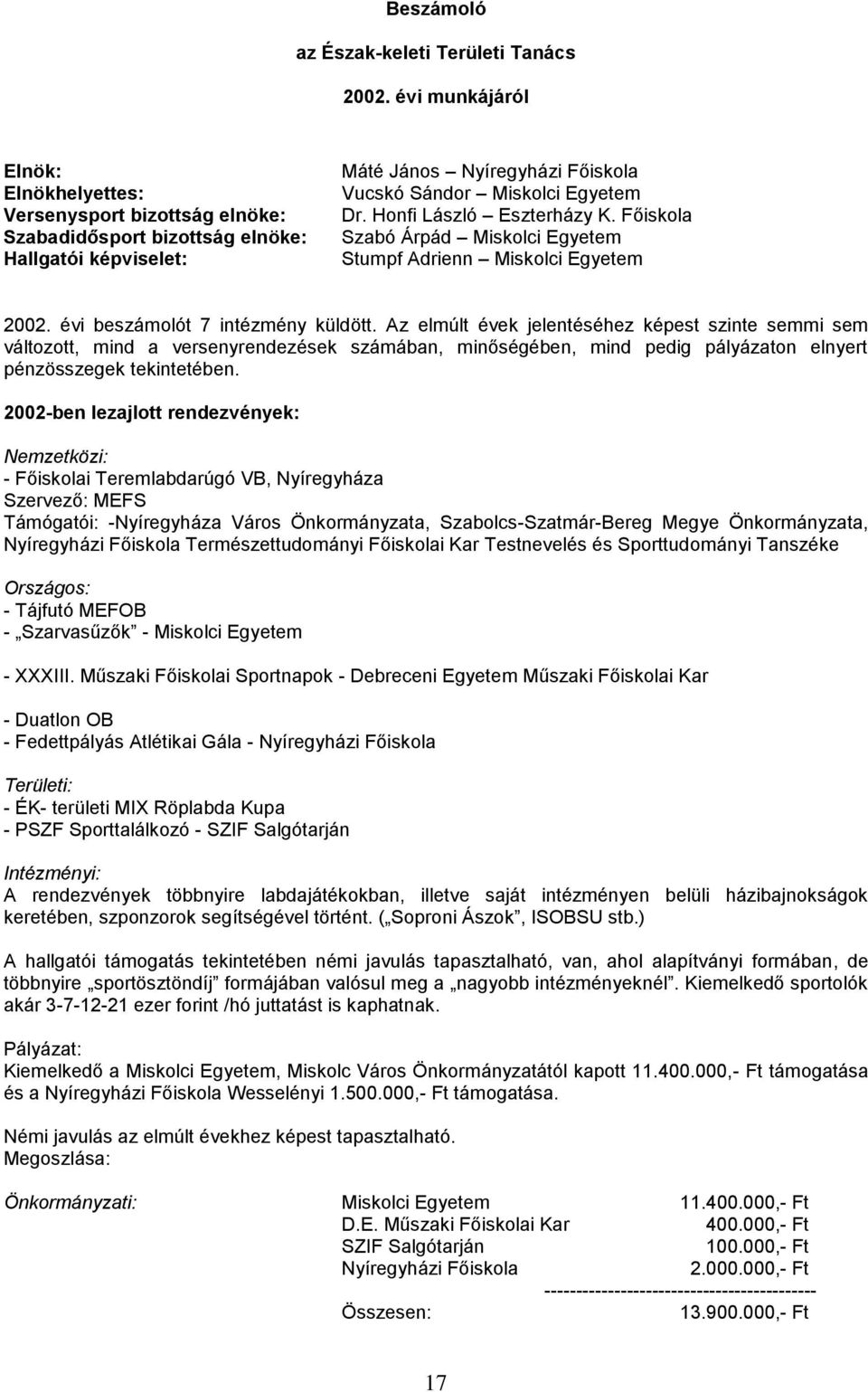 Honfi László Eszterházy K. Főiskola Szabó Árpád Miskolci Egyetem Stumpf Adrienn Miskolci Egyetem 2002. évi beszámolót 7 intézmény küldött.