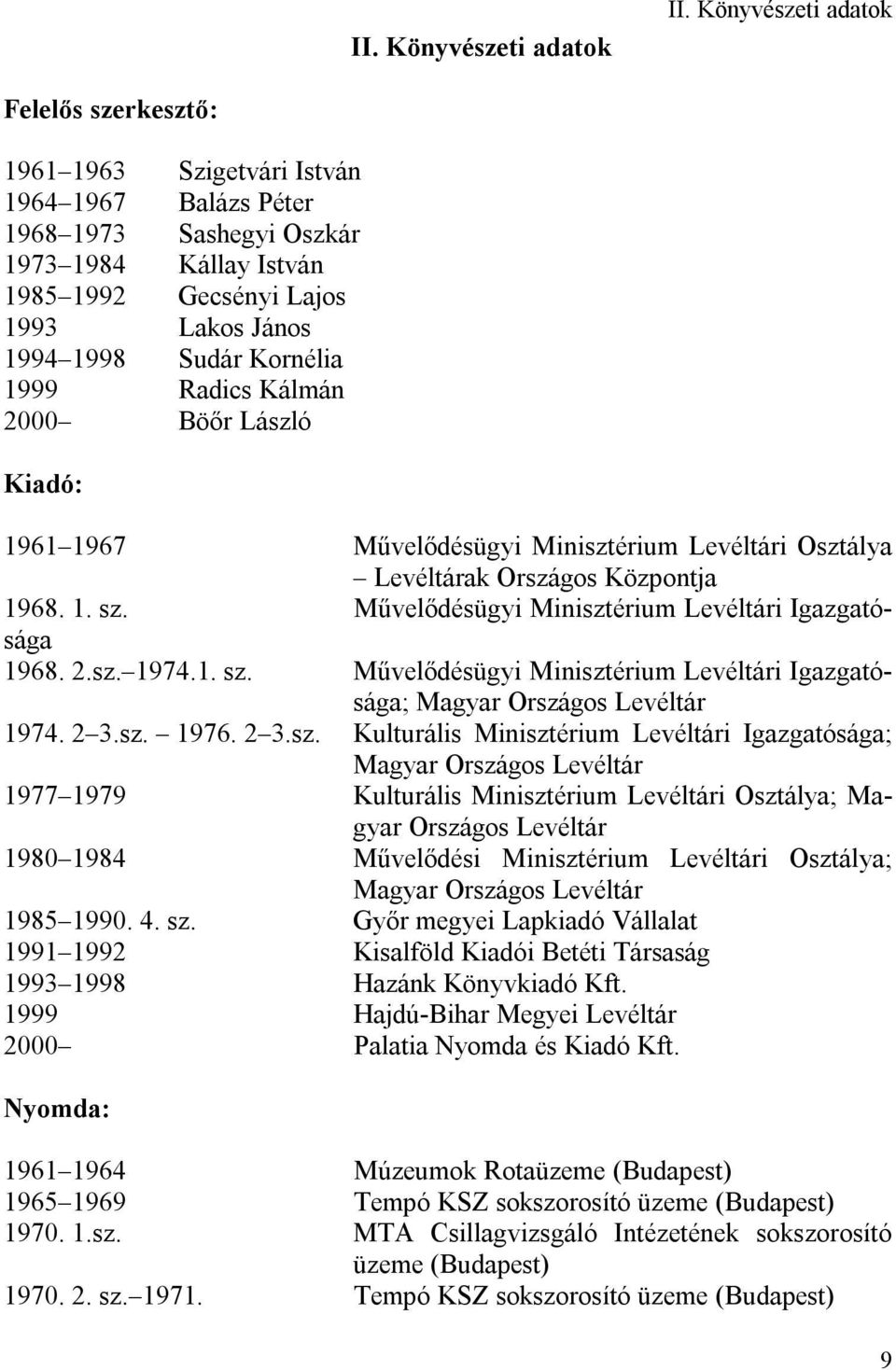 Kornélia 1999 Radics Kálmán 2000 Böőr László Kiadó: 1961 1967 Művelődésügyi Minisztérium Levéltári Osztálya Levéltárak Országos Központja 1968. 1. sz.