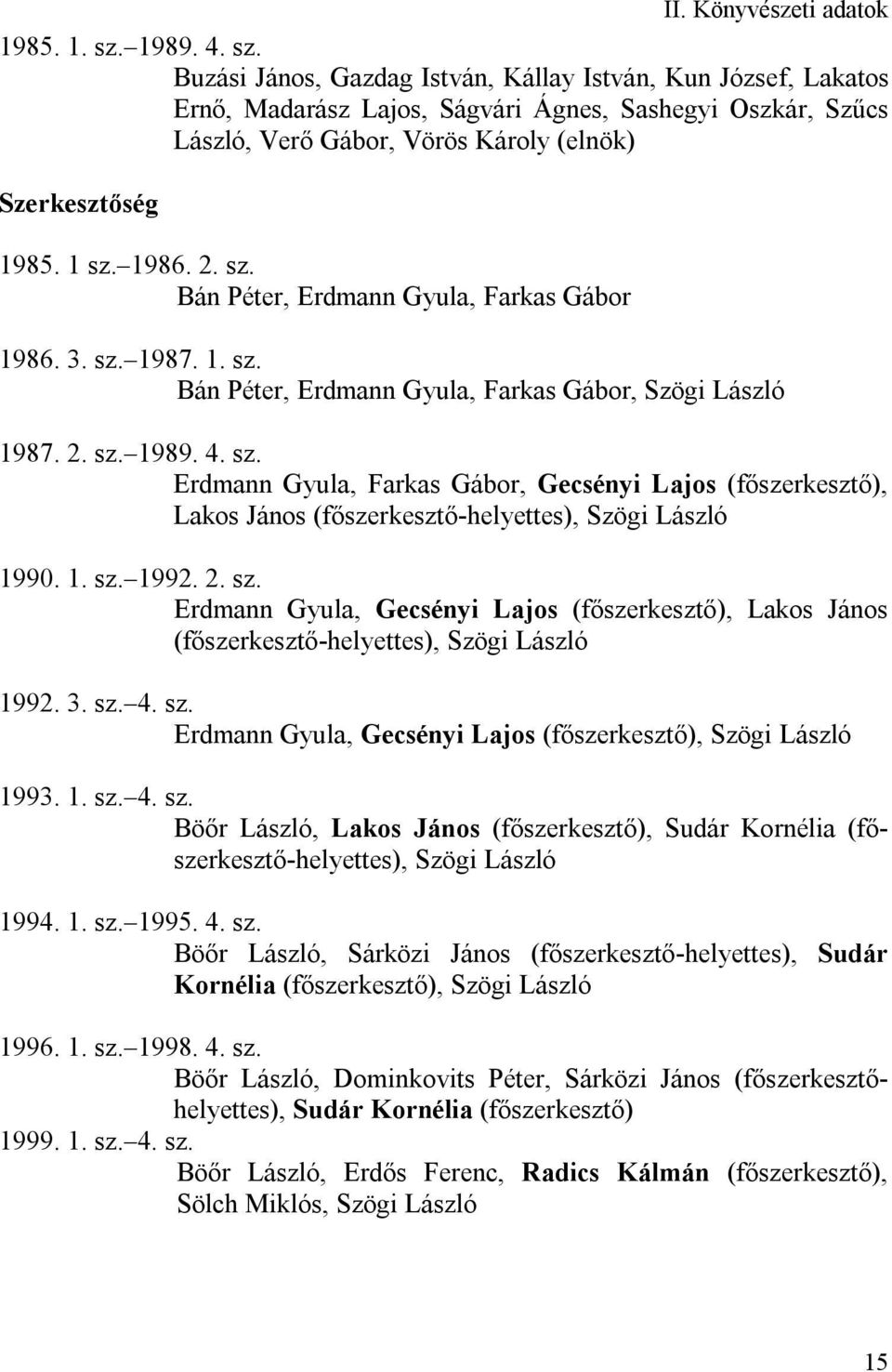 1 sz. 1986. 2. sz. Bán Péter, Erdmann Gyula, Farkas Gábor 1986. 3. sz. 1987. 1. sz. Bán Péter, Erdmann Gyula, Farkas Gábor, Szögi László 1987. 2. sz. 1989. 4. sz. Erdmann Gyula, Farkas Gábor, Gecsényi Lajos (főszerkesztő), Lakos János (főszerkesztő-helyettes), Szögi László 1990.